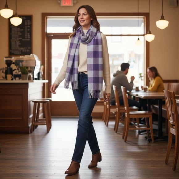 ITALY DESIGN Accessories - ITALY DESIGN 100% CASHMERE LAVENDER PURPLE WHITE PLAID FRINGE SCARF